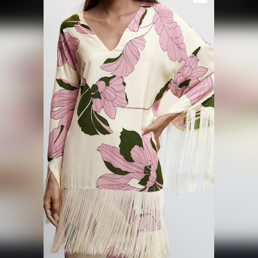 Fun Fringe Long Top with Pink and Green Floral Designer Vacation Piece Sz 8-10